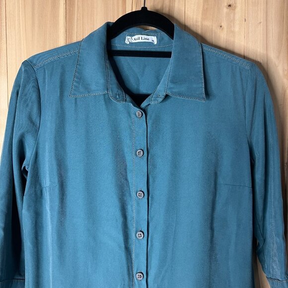 Asil Line Women Teal Button Front Shirt Dress 3/4 Sleeve Collared Size 36 US 4-6 - Picture 4 of 12